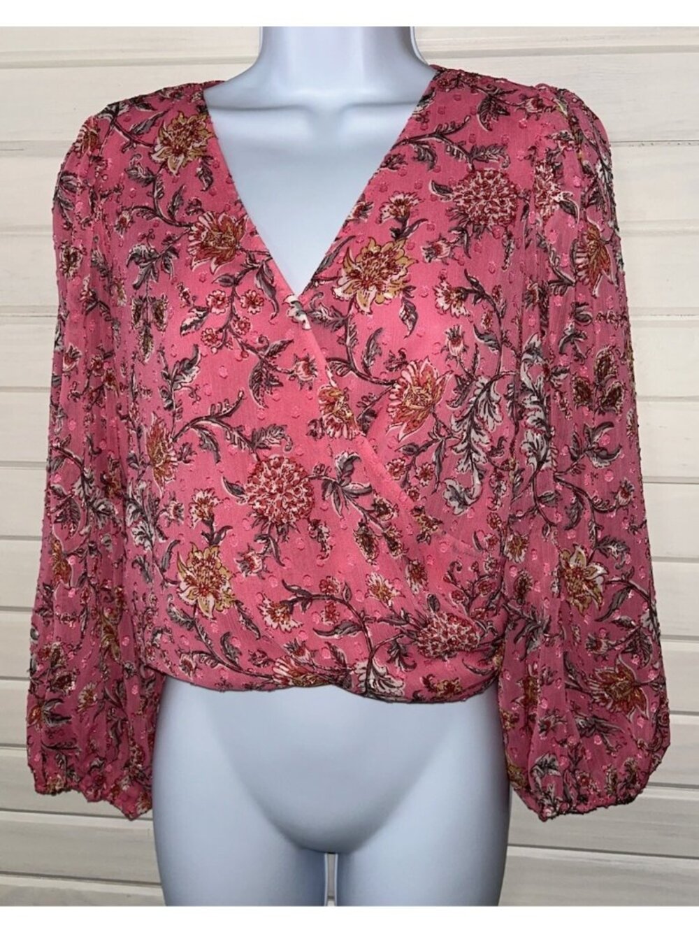Joie Sz SMALL Pink Floral Swiss Dot Faux Wrap Lined Blouse V-Neck EUC
